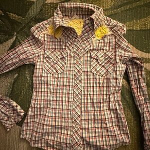 Vintage y2k western plaid shirt with yellow rose embroidery